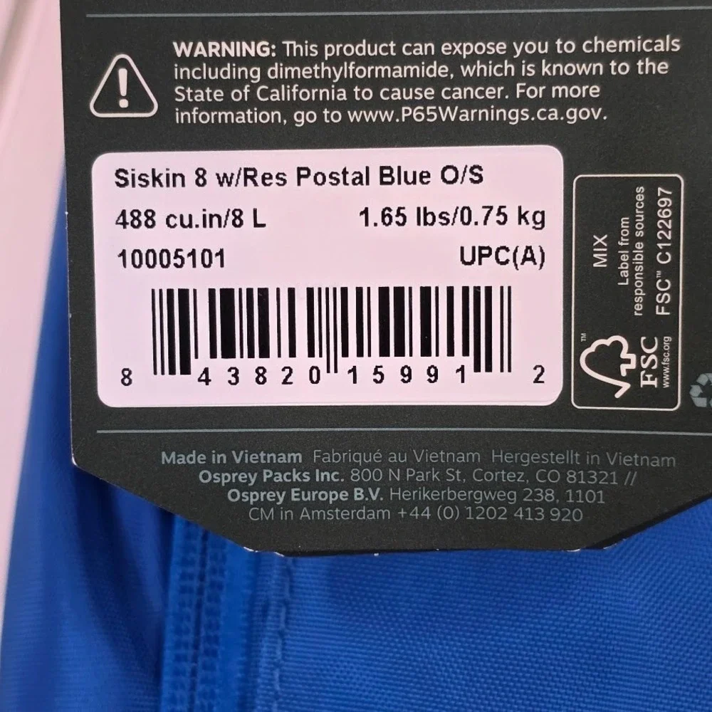 Osprey Men Siskin 8 Hydration Backpack Postal Blue 2.5L Reservoir 10005101 NWT